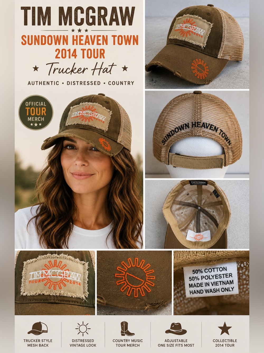 Tim McGraw Sundown Heaven Town 2014 Tour Distressed Trucker Hat Cap